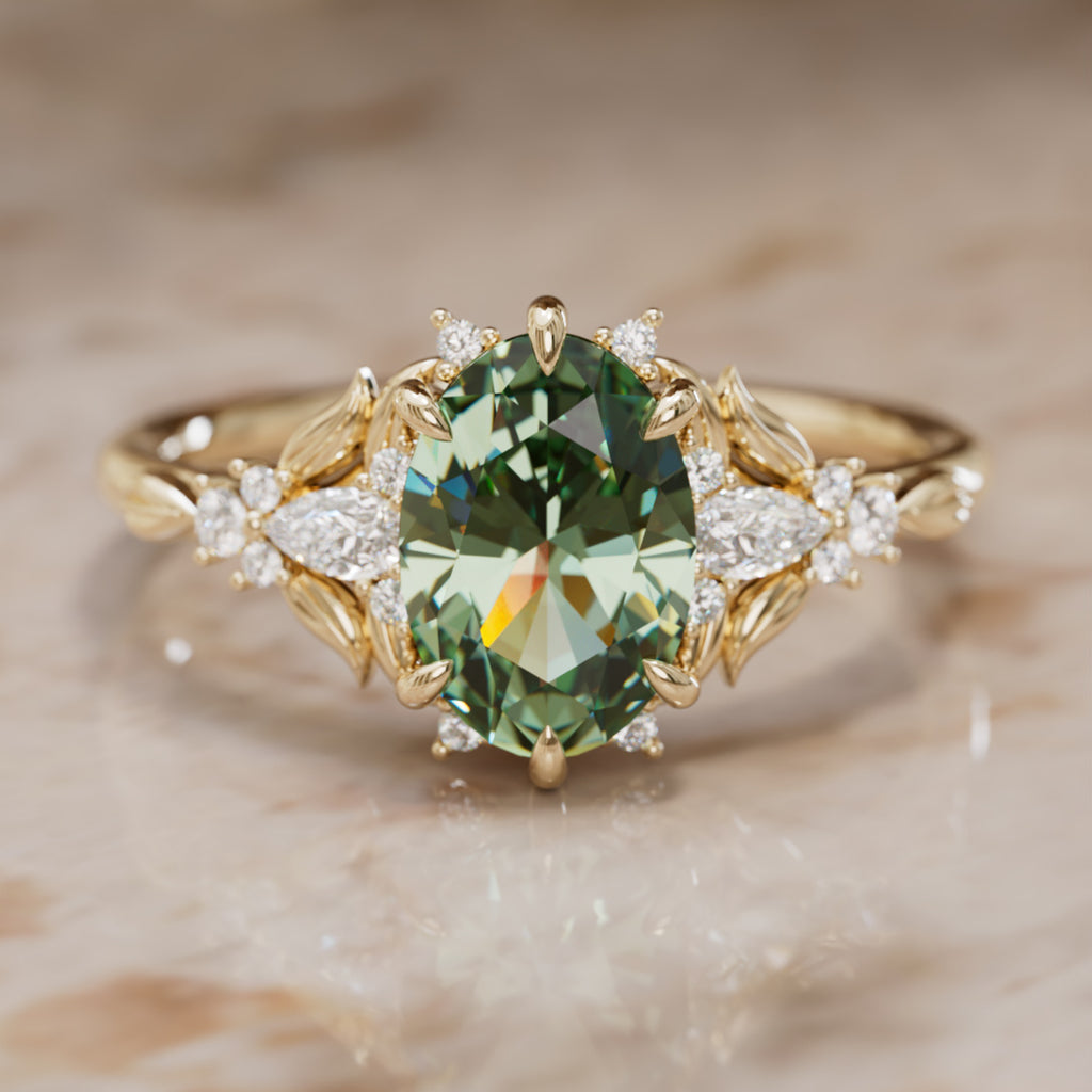 Siriwen Oval Green Sapphire Fantasy Engagement Ring Nature Inspired with Leaves (Setting Only) By Valley Rose