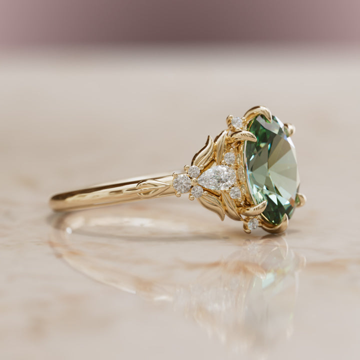 Siriwen Oval Green Sapphire Fantasy Engagement Ring Nature Inspired with Leaves (Setting Only) By Valley Rose