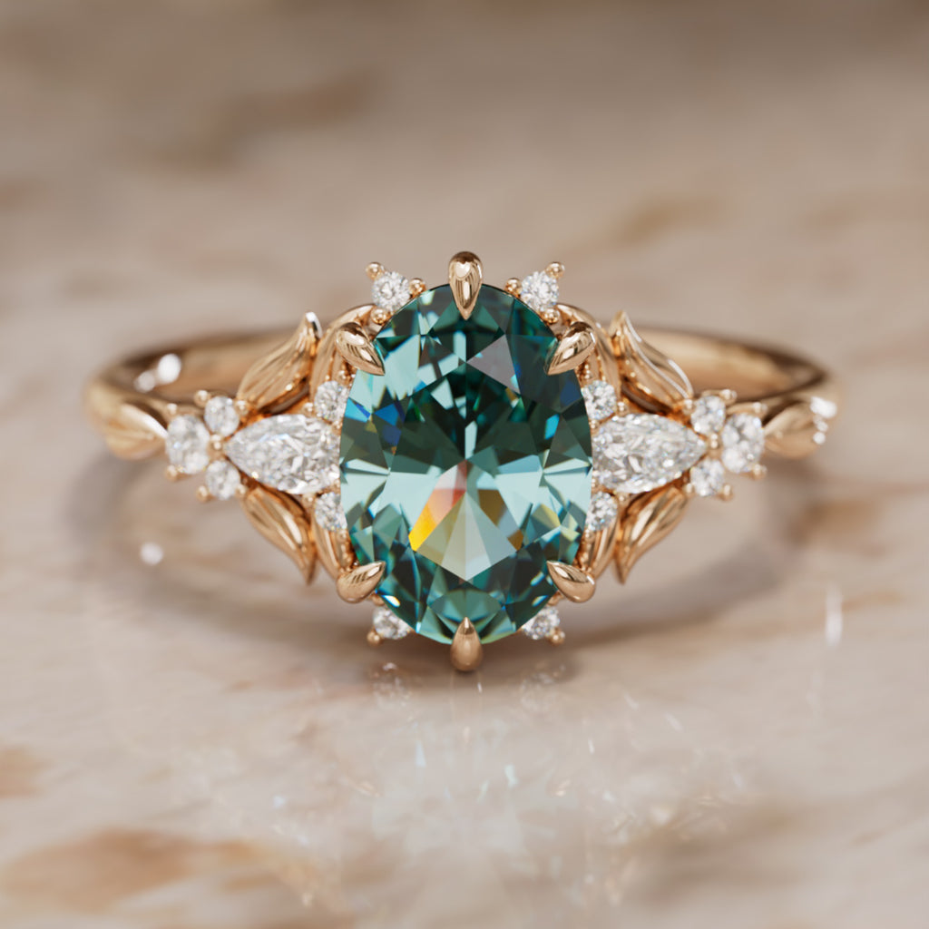 Siriwen Oval Teal Sapphire Fantasy Engagement Ring Nature Inspired with Leaves (Setting Only) By Valley Rose