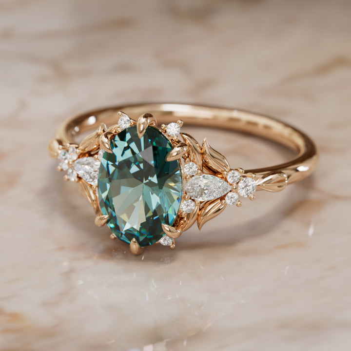 Siriwen Oval Teal Sapphire Fantasy Engagement Ring Nature Inspired with Leaves (Setting Only) By Valley Rose