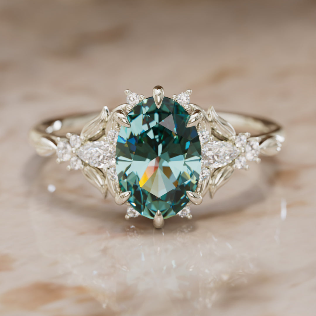 Siriwen Oval Teal Sapphire Fantasy Engagement Ring Nature Inspired with Leaves (Setting Only) By Valley Rose
