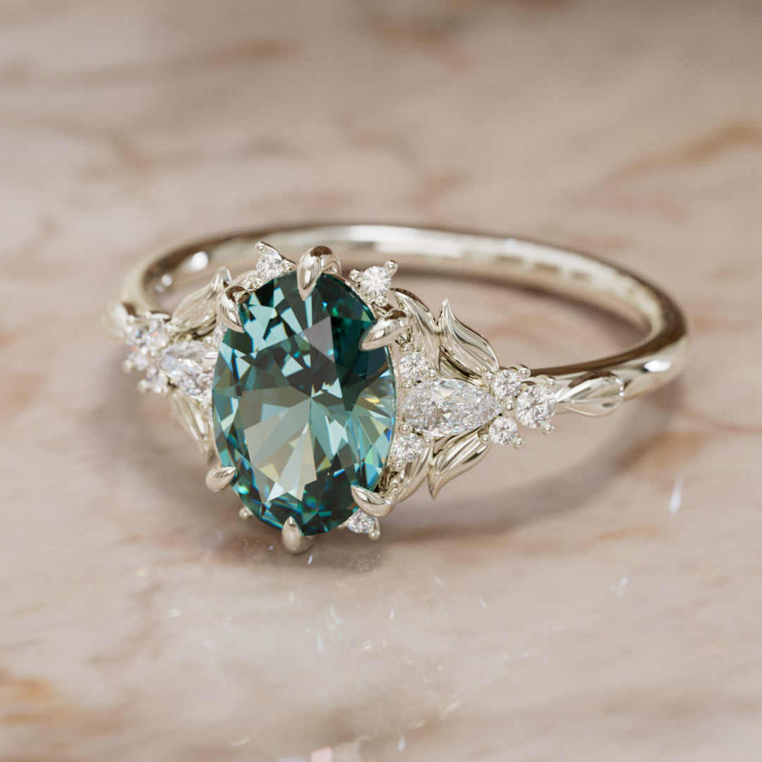 Siriwen Oval Teal Sapphire Fantasy Engagement Ring Nature Inspired with Leaves (Setting Only) By Valley Rose