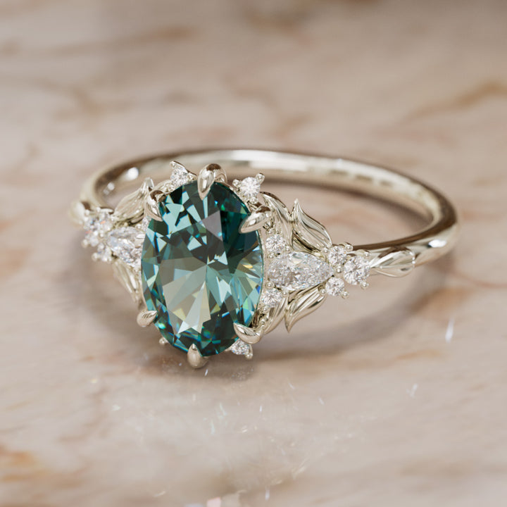 Siriwen Oval Teal Sapphire Fantasy Engagement Ring Nature Inspired with Leaves (Setting Only) By Valley Rose