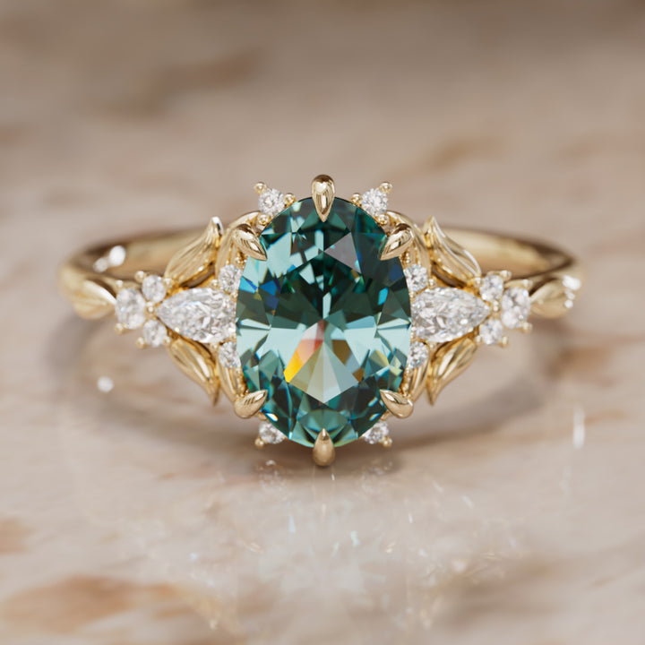 Siriwen Oval Teal Sapphire Fantasy Engagement Ring Nature Inspired with Leaves (Setting Only) By Valley Rose