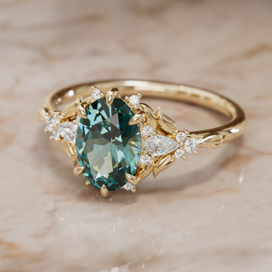 Siriwen Oval Teal Sapphire Fantasy Engagement Ring Nature Inspired with Leaves (Setting Only) By Valley Rose
