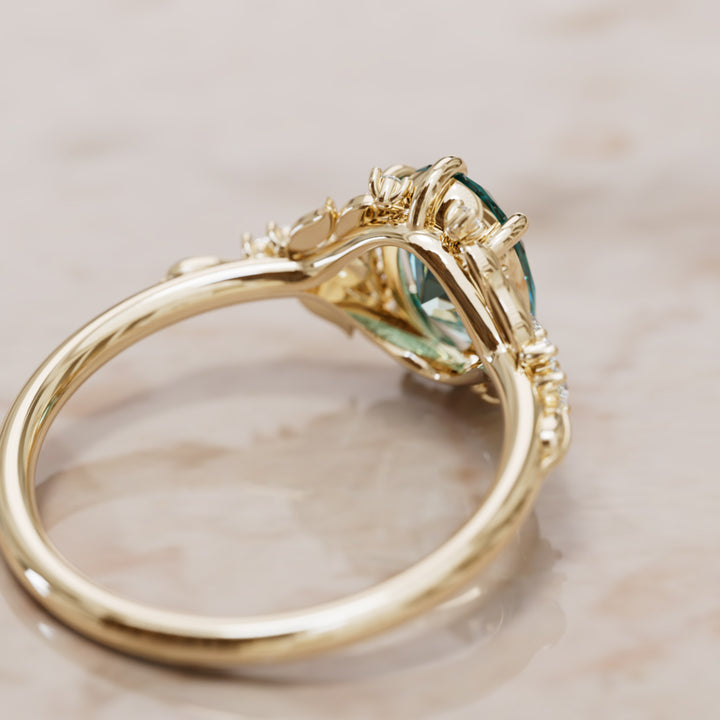 Siriwen Oval Teal Sapphire Fantasy Engagement Ring Nature Inspired with Leaves (Setting Only) By Valley Rose