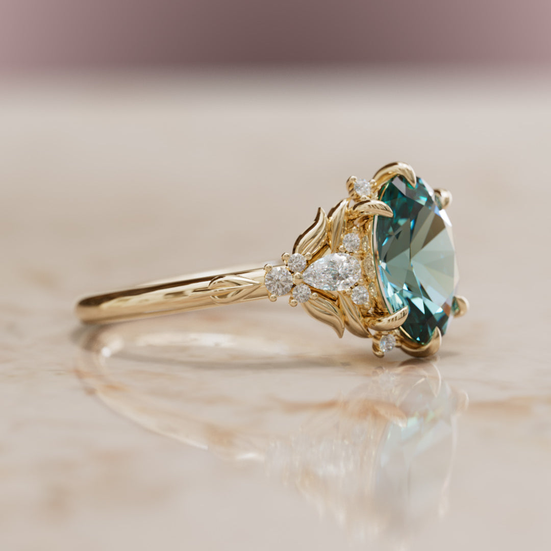 Siriwen Oval Teal Sapphire Fantasy Engagement Ring Nature Inspired with Leaves (Setting Only) By Valley Rose