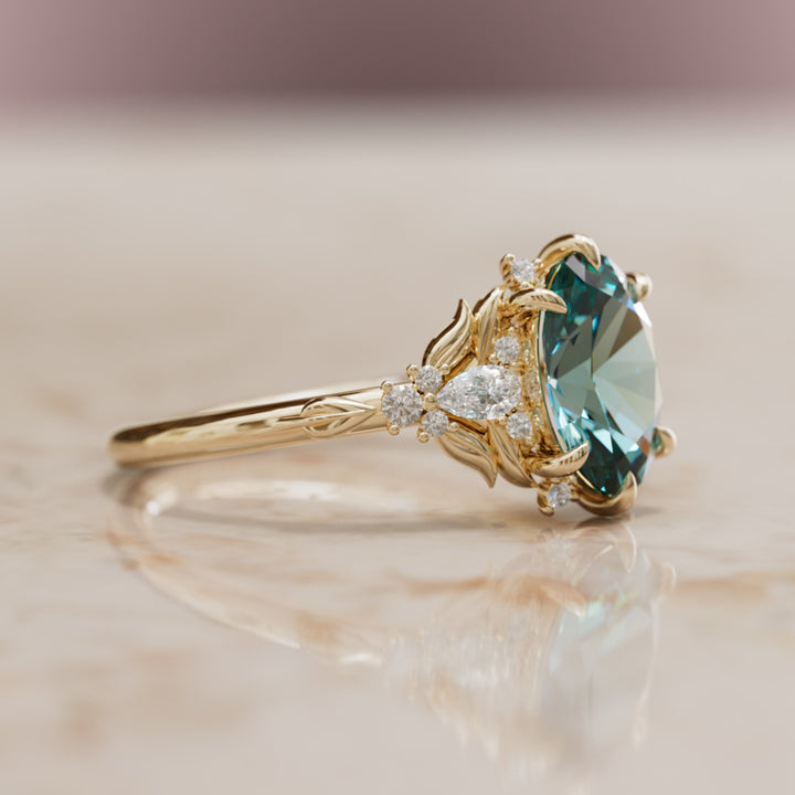 Siriwen Oval Teal Sapphire Fantasy Engagement Ring Nature Inspired with Leaves (Setting Only) By Valley Rose