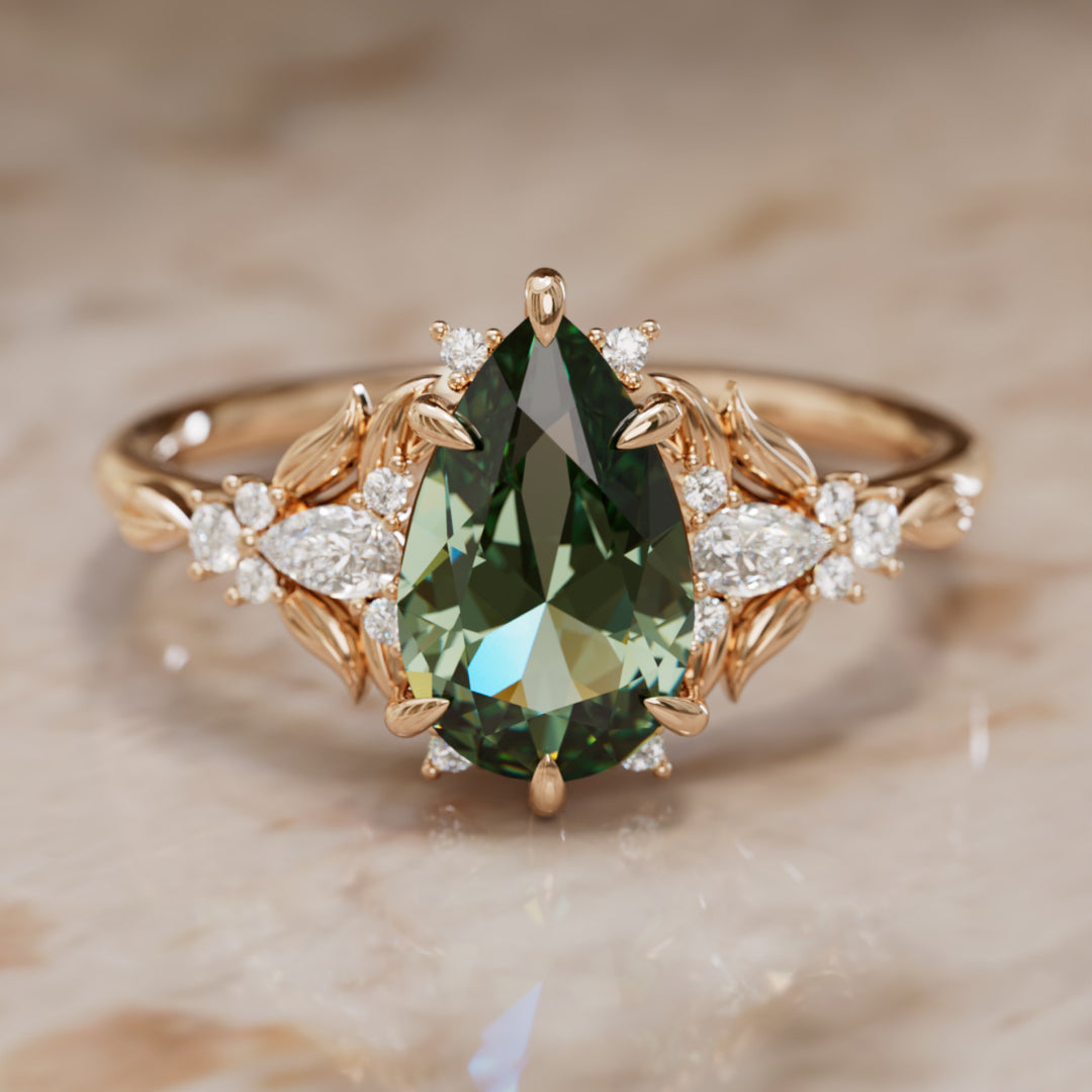 Anillo de compromiso con zafiro verde: Anillo flor de zafiro Siriwen talla pera inspirado en la naturaleza (Solo engaste)