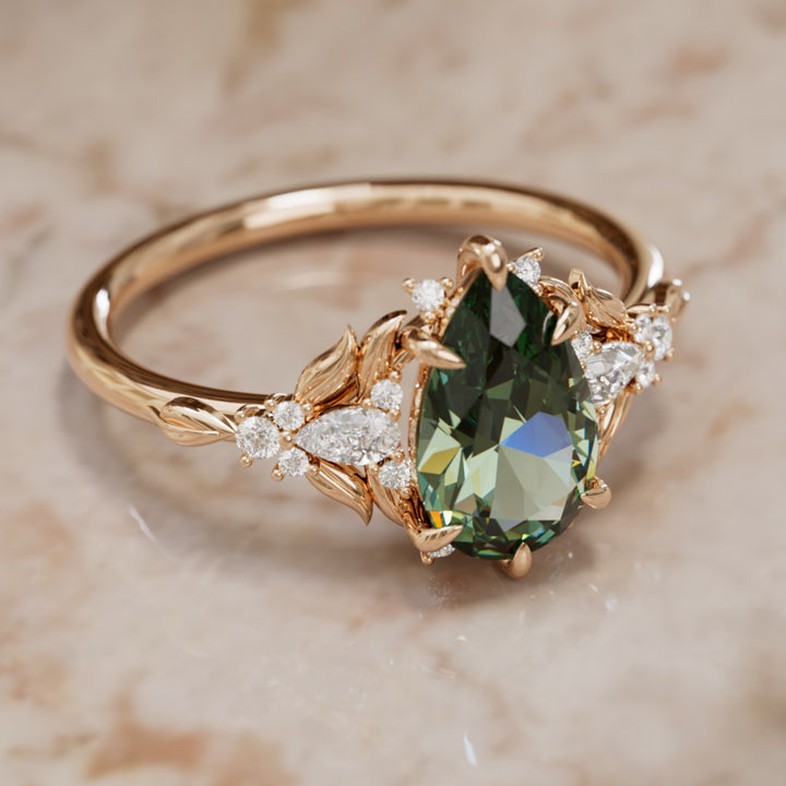 Anillo de compromiso con zafiro verde: Anillo flor de zafiro Siriwen talla pera inspirado en la naturaleza (Solo engaste)