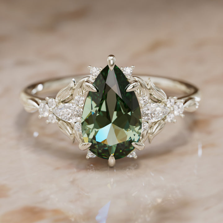Anillo de compromiso con zafiro verde: Anillo flor de zafiro Siriwen talla pera inspirado en la naturaleza (Solo engaste)