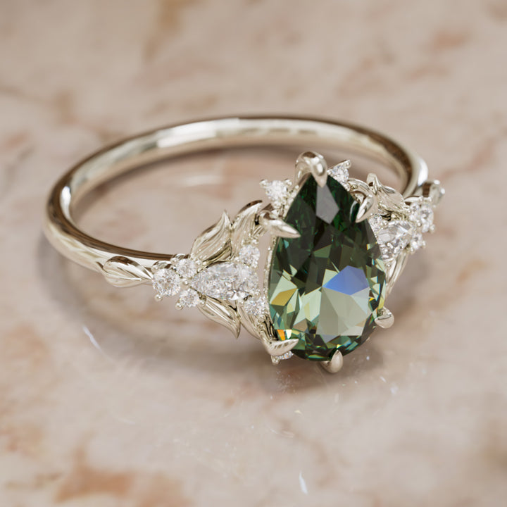 Anillo de compromiso con zafiro verde: Anillo flor de zafiro Siriwen talla pera inspirado en la naturaleza (Solo engaste)