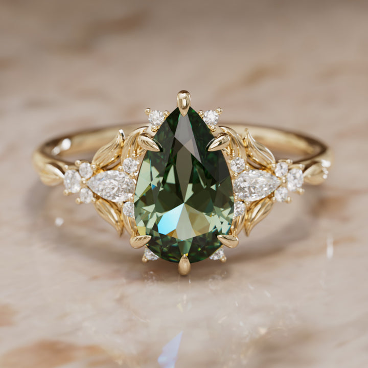 Anillo de compromiso con zafiro verde: Anillo flor de zafiro Siriwen talla pera inspirado en la naturaleza (Solo engaste)