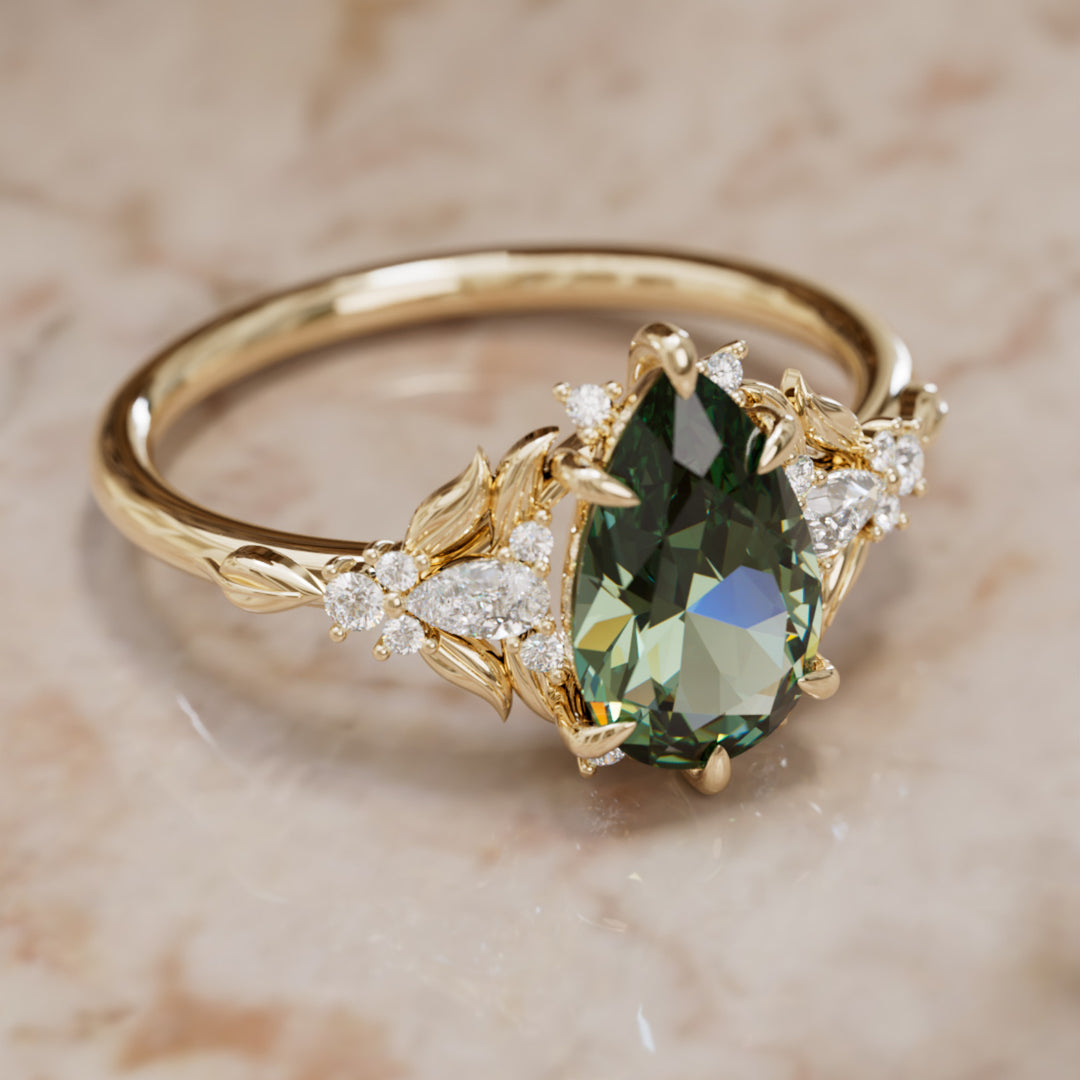 Anillo de compromiso con zafiro verde: Anillo flor de zafiro Siriwen talla pera inspirado en la naturaleza (Solo engaste)