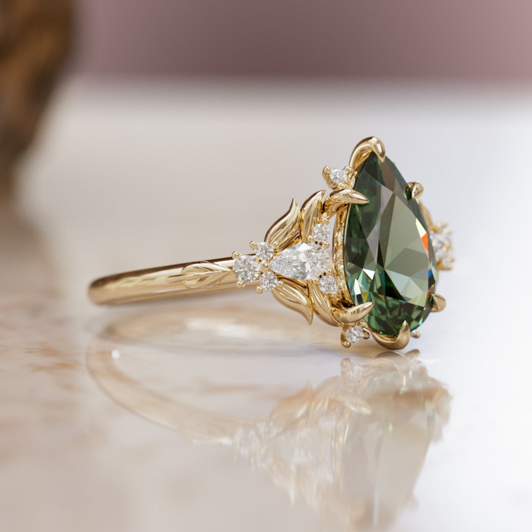 Anillo de compromiso con zafiro verde: Anillo flor de zafiro Siriwen talla pera inspirado en la naturaleza (Solo engaste)