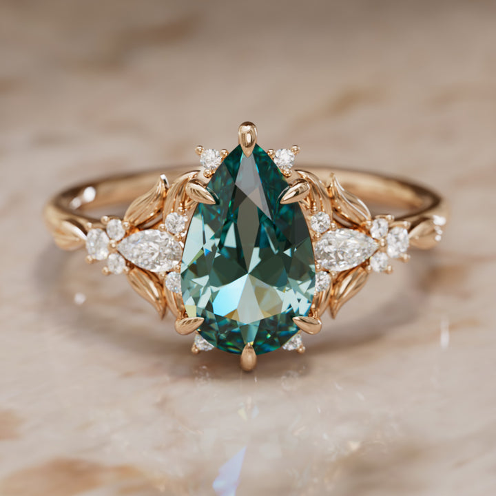 Anillo de compromiso zafiro azul verdoso: Anillo flor Siriwen con zafiro en corte pera inspirado en la naturaleza (Solo engaste)