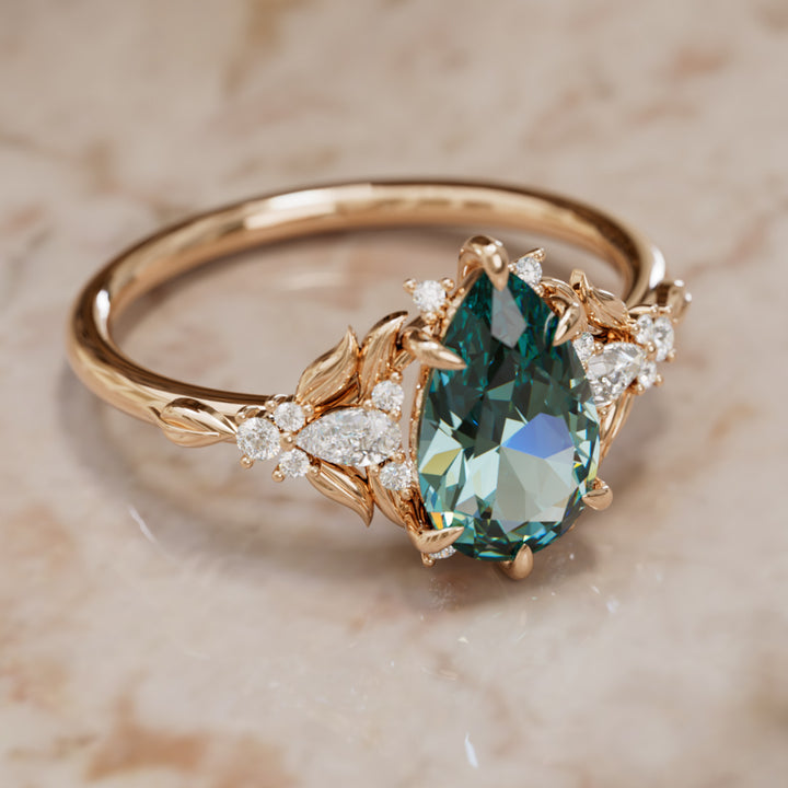 Anillo de compromiso zafiro azul verdoso: Anillo flor Siriwen con zafiro en corte pera inspirado en la naturaleza (Solo engaste)