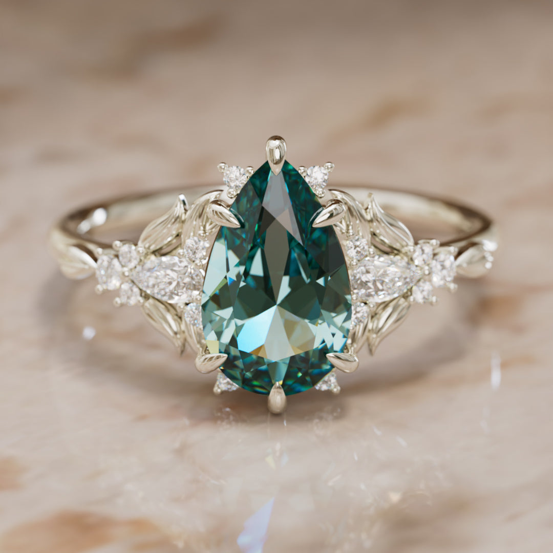 Anillo de compromiso zafiro azul verdoso: Anillo flor Siriwen con zafiro en corte pera inspirado en la naturaleza (Solo engaste)