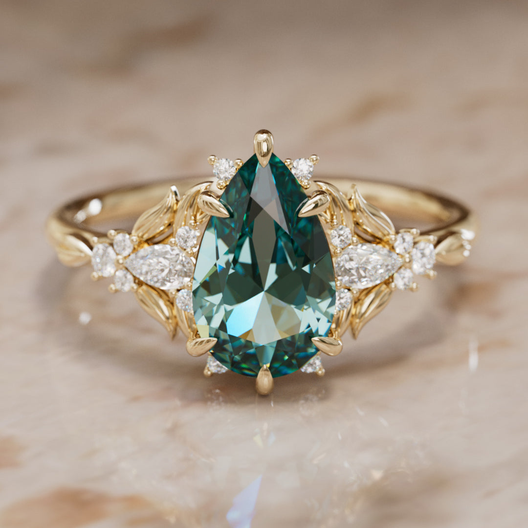 Anillo de compromiso zafiro azul verdoso: Anillo flor Siriwen con zafiro en corte pera inspirado en la naturaleza (Solo engaste)