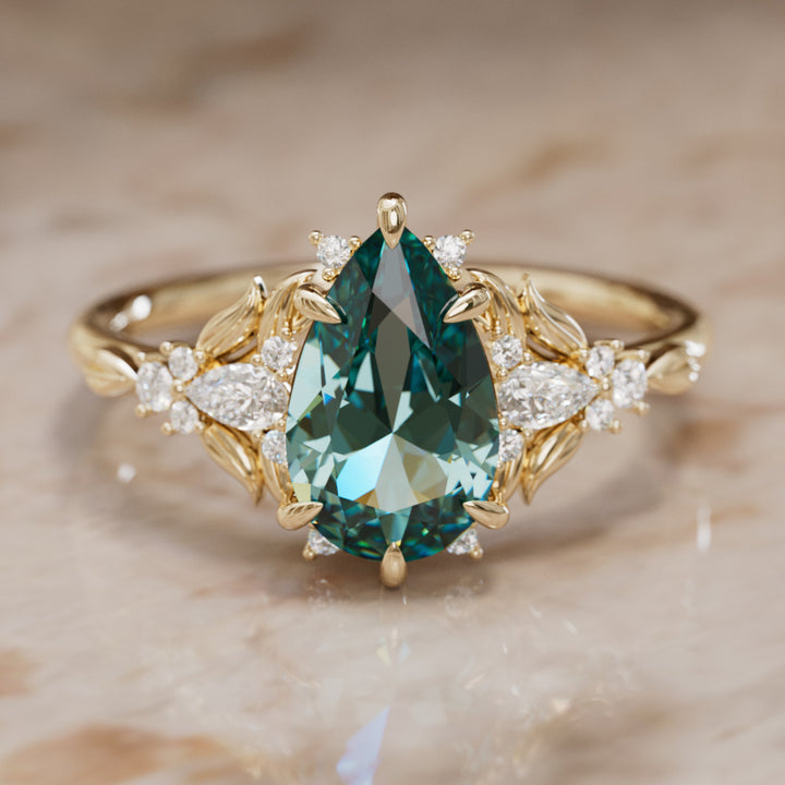 Anillo de compromiso zafiro azul verdoso: Anillo flor Siriwen con zafiro en corte pera inspirado en la naturaleza (Solo engaste)