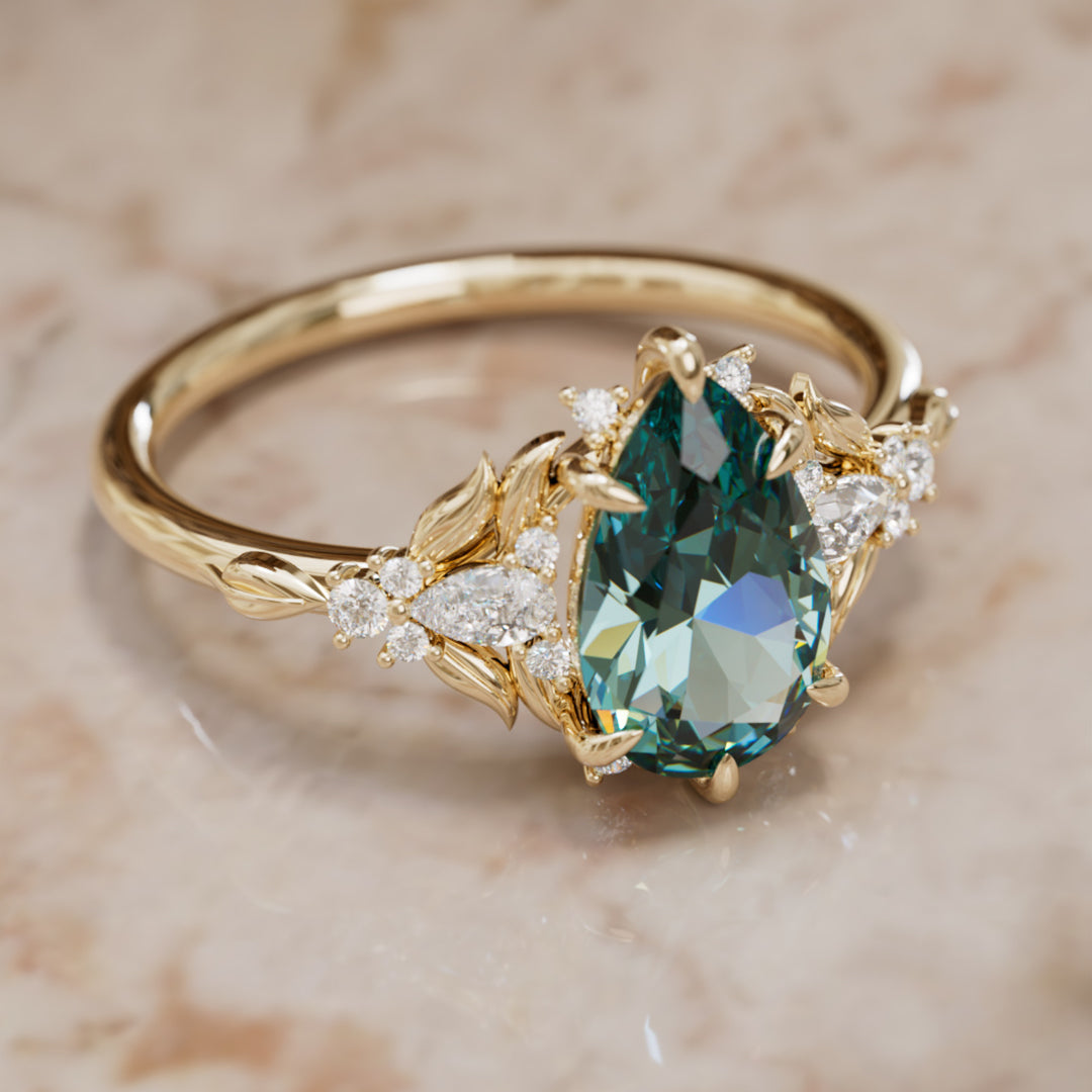 Anillo de compromiso zafiro azul verdoso: Anillo flor Siriwen con zafiro en corte pera inspirado en la naturaleza (Solo engaste)