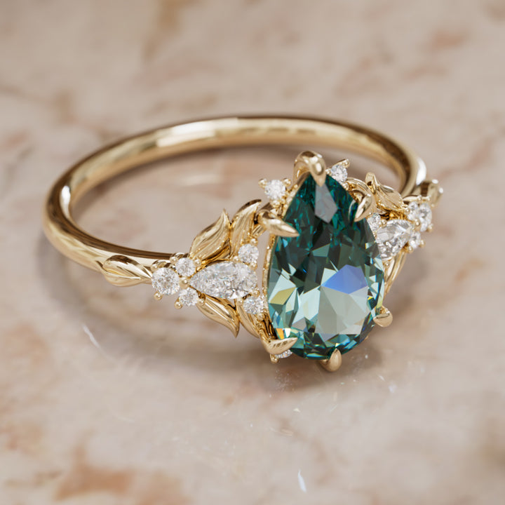 Anillo de compromiso zafiro azul verdoso: Anillo flor Siriwen con zafiro en corte pera inspirado en la naturaleza (Solo engaste)