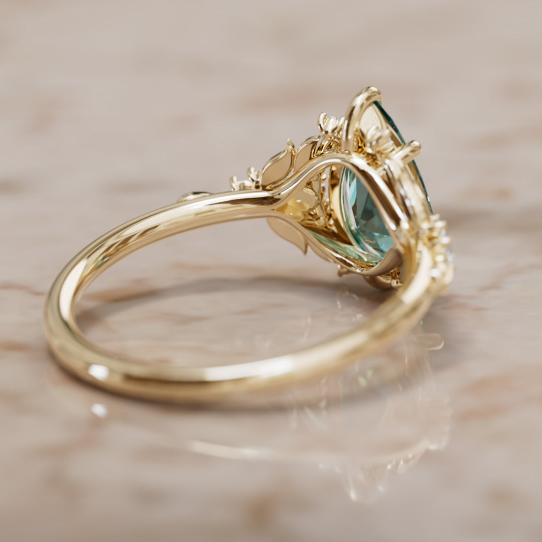 Anillo de compromiso zafiro azul verdoso: Anillo flor Siriwen con zafiro en corte pera inspirado en la naturaleza (Solo engaste)