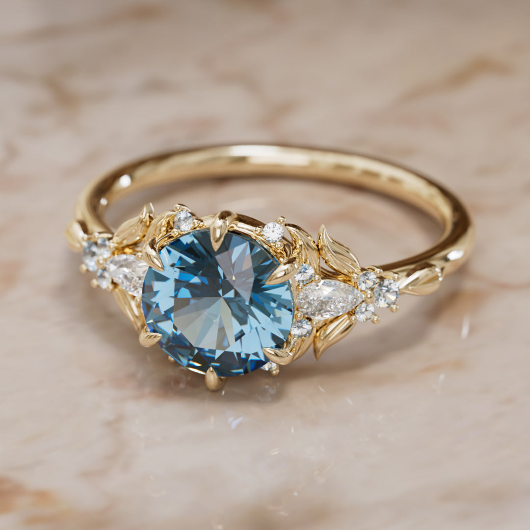 Siriwen Round Blue Sapphire Engagement Flower Ring Nature Inspired (Setting Only) By Valley Rose