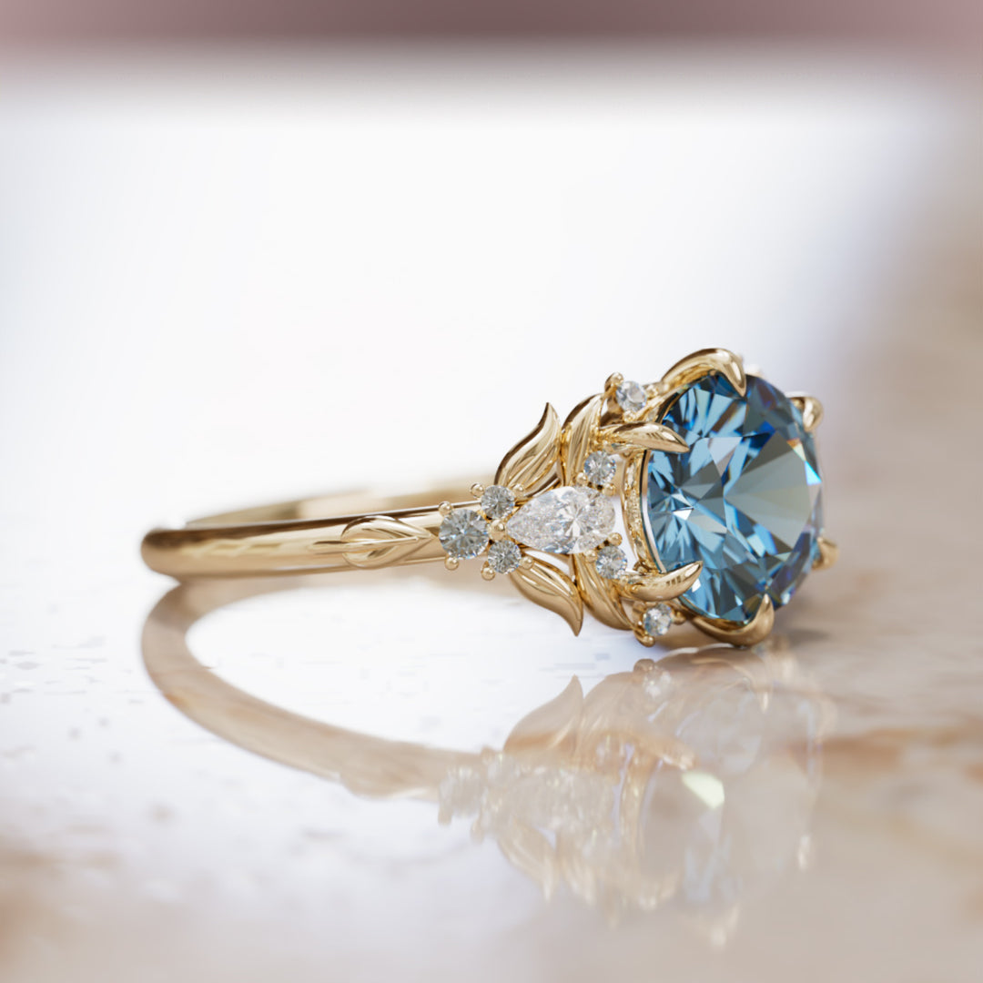 Siriwen Round Blue Sapphire Engagement Flower Ring Nature Inspired (Setting Only) By Valley Rose