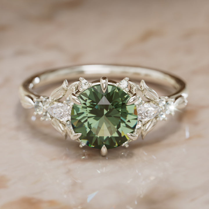 Siriwen Round Green Sapphire Engagement Flower Ring Nature Inspired (Setting Only) By Valley Rose