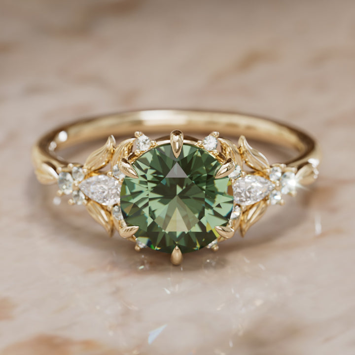 Siriwen Round Green Sapphire Engagement Flower Ring Nature Inspired (Setting Only) By Valley Rose