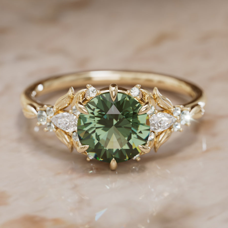 Siriwen Round Green Sapphire Engagement Flower Ring Nature Inspired (Setting Only) By Valley Rose