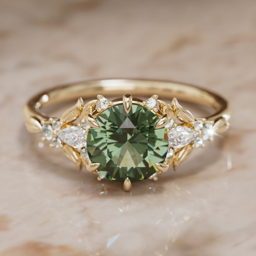 Siriwen Round Green Sapphire Engagement Flower Ring Nature Inspired (Setting Only) By Valley Rose