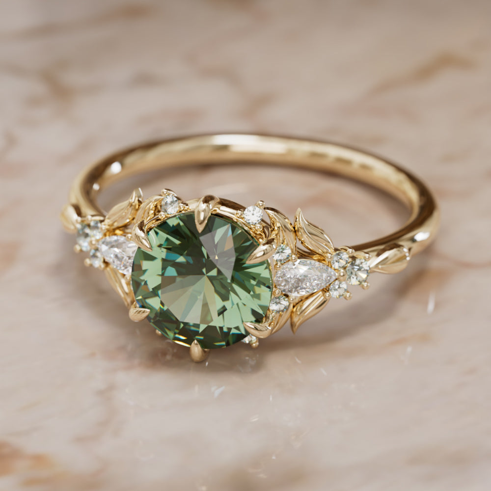 Siriwen Round Green Sapphire Engagement Flower Ring Nature Inspired (Setting Only) By Valley Rose