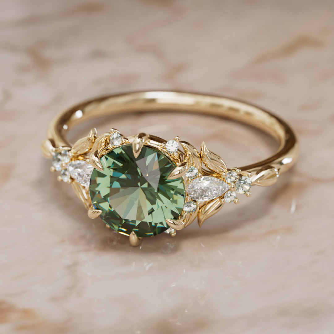 Siriwen Round Green Sapphire Engagement Flower Ring Nature Inspired (Setting Only) By Valley Rose