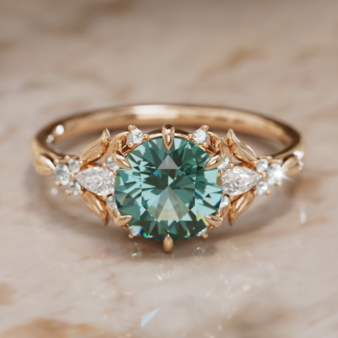 Siriwen Round Teal Sapphire Engagement Flower Ring Nature Inspired (Setting Only) By Valley Rose
