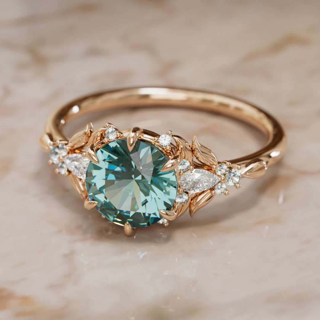 Siriwen Round Teal Sapphire Engagement Flower Ring Nature Inspired (Setting Only) By Valley Rose
