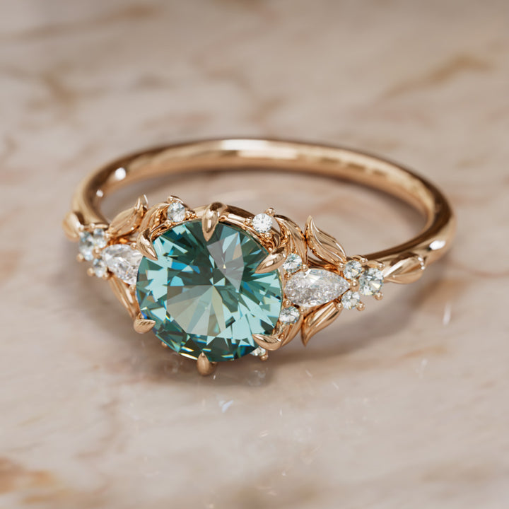 Siriwen Round Teal Sapphire Engagement Flower Ring Nature Inspired (Setting Only) By Valley Rose
