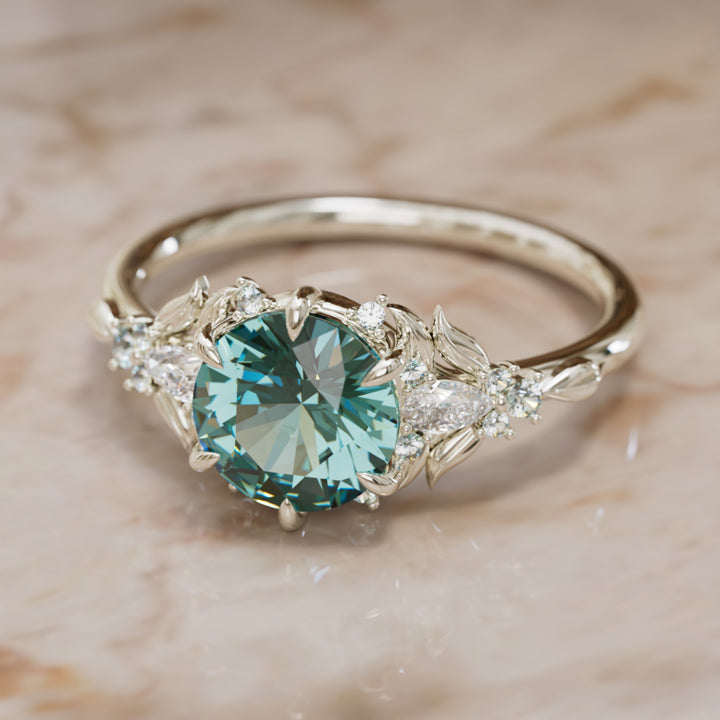 Siriwen Round Teal Sapphire Engagement Flower Ring Nature Inspired (Setting Only) By Valley Rose