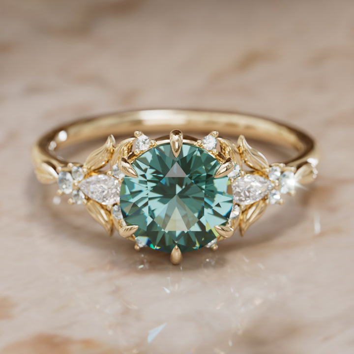 Siriwen Round Teal Sapphire Engagement Flower Ring Nature Inspired (Setting Only) By Valley Rose
