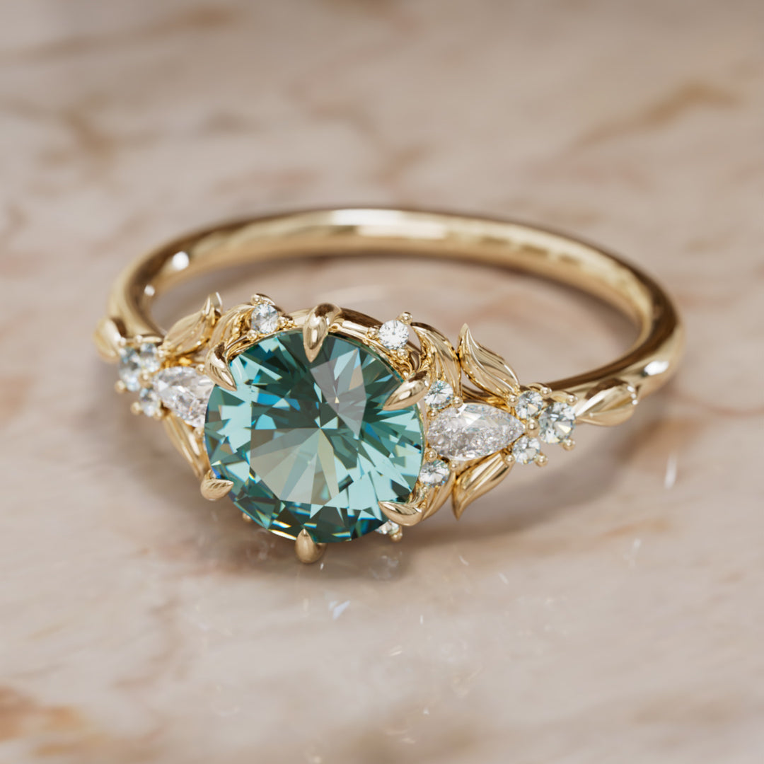 Siriwen Round Teal Sapphire Engagement Flower Ring Nature Inspired (Setting Only) By Valley Rose