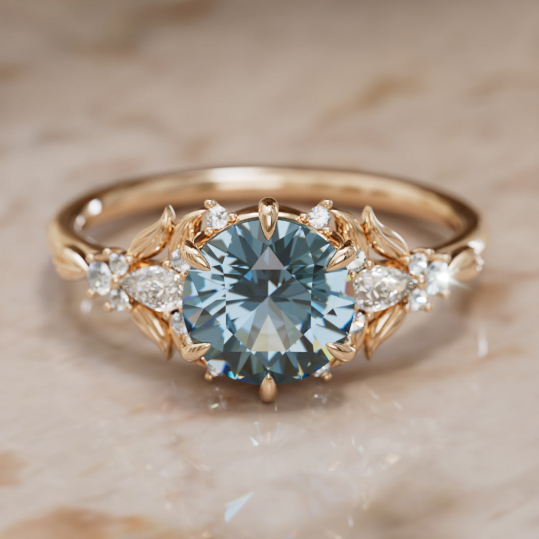 Pierścionek zaręczynowy z niebieskim szafirem: pierścionek kwiatowy Siriwen z okrągłym szafirem, inspirowany naturą (tylko oprawa)