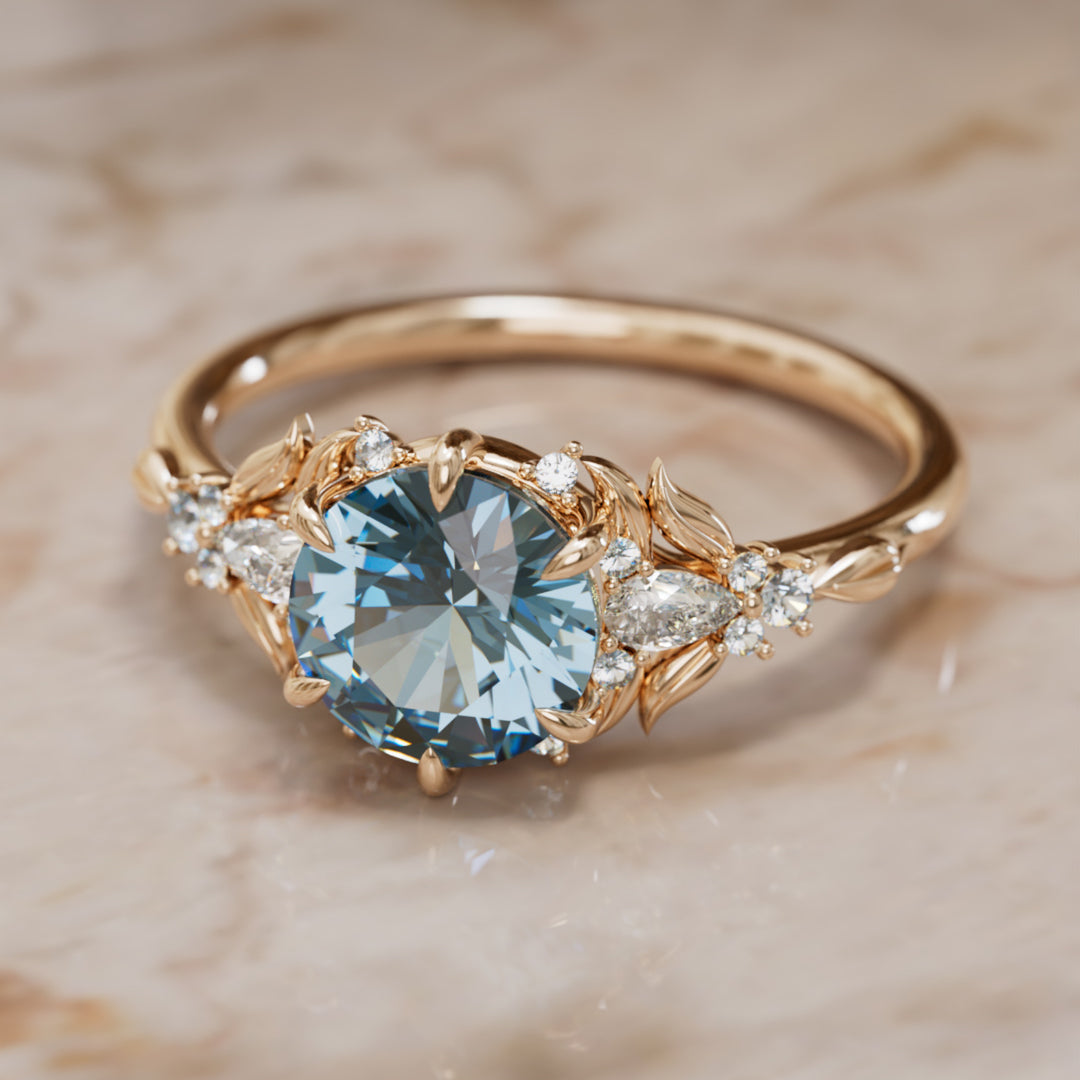 Pierścionek zaręczynowy z niebieskim szafirem: pierścionek kwiatowy Siriwen z okrągłym szafirem, inspirowany naturą (tylko oprawa)
