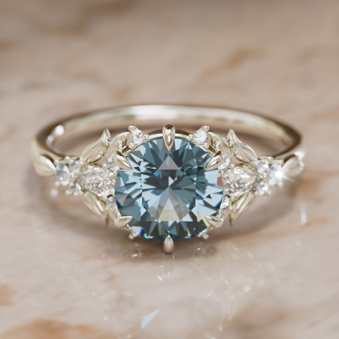 Pierścionek zaręczynowy z niebieskim szafirem: pierścionek kwiatowy Siriwen z okrągłym szafirem, inspirowany naturą (tylko oprawa)