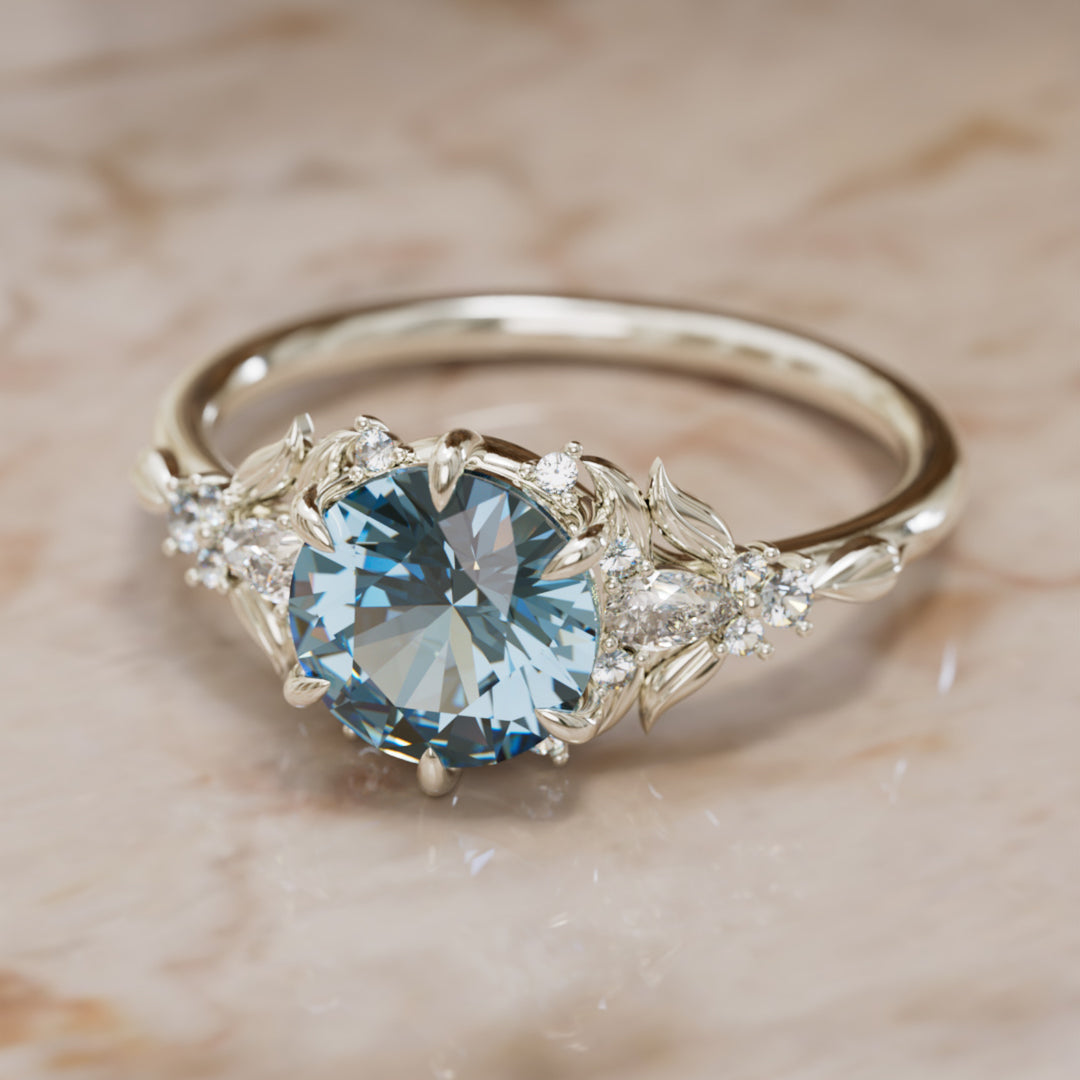 Pierścionek zaręczynowy z niebieskim szafirem: pierścionek kwiatowy Siriwen z okrągłym szafirem, inspirowany naturą (tylko oprawa)