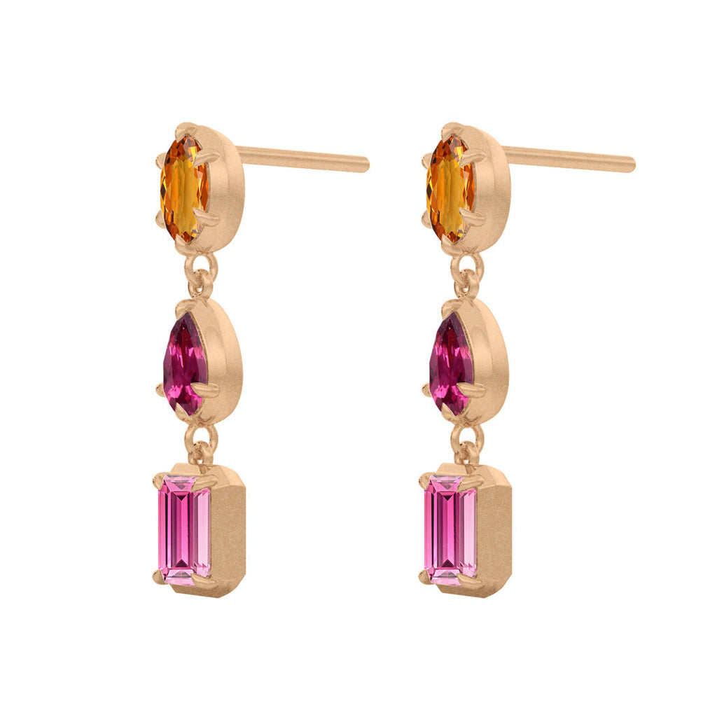 Pink Tourmaline & Citrine Statement Drop Dangle Gold Earrings  By Valley Rose Ethical Jewelry