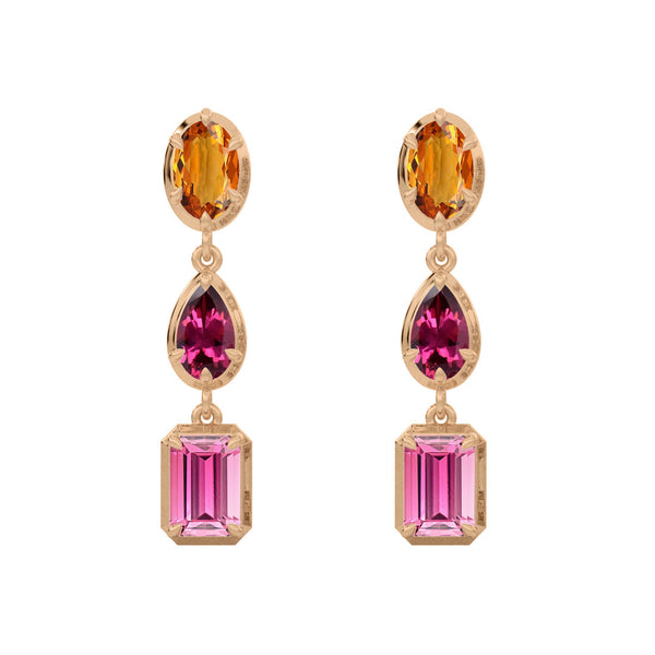 Pink Tourmaline & Citrine Statement Drop Dangle Gold Earrings  By Valley Rose Ethical Jewelry