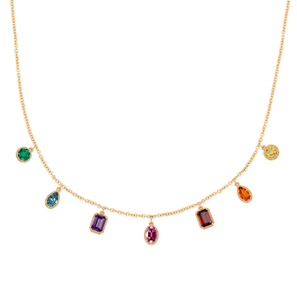 Rainbow Gemstone Statement Fringe Charm Gold Necklace By Valley Rose Ethical Jewelry