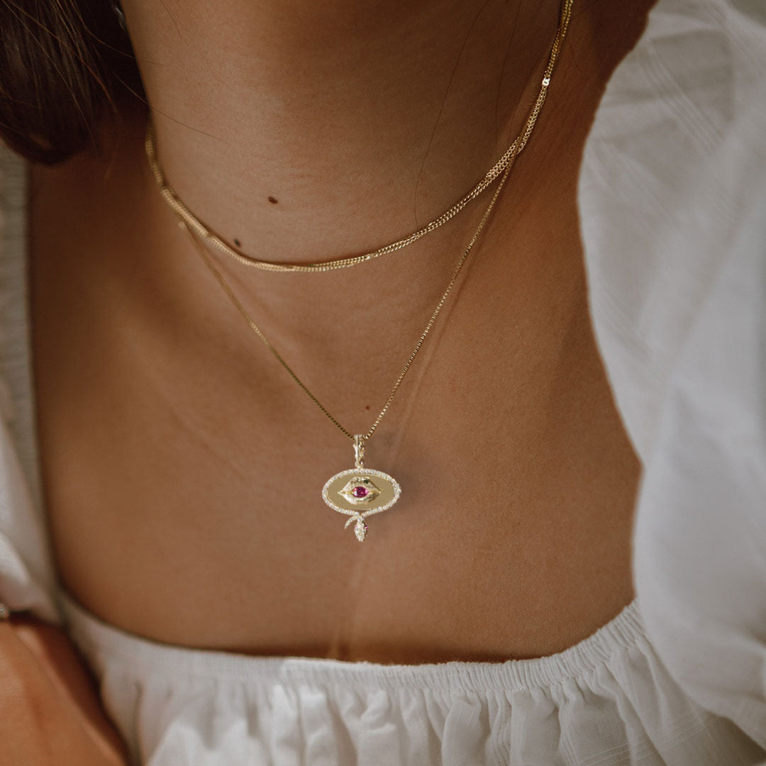 Lover Lips Snake Trompe-l'œil Surrealist Unique Pendant with Pink Sapphire and Lab Diamonds