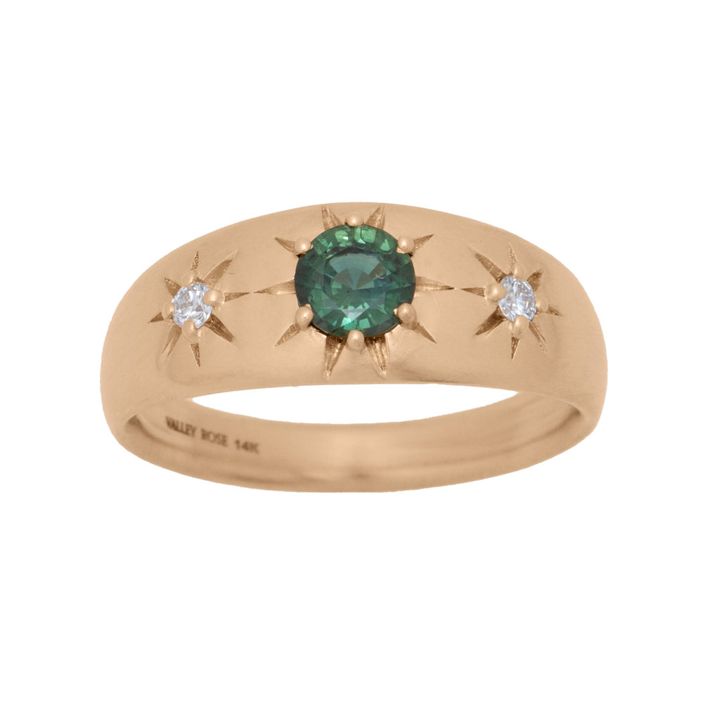 Star Engraved Sapphire Domed Wide Ring in Gold